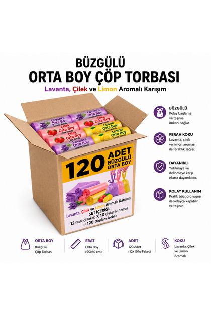 Polmix Büzgülü Çöp Torbası Orta Boy – 12 Paket (Toplam 120 Adet) – Çilek, Limon ve Lavanta Kokulu – 55x60 cm – Dayanıklı ve Sızdırmaz