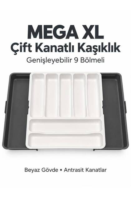 Mega XL Double Winged Kitchen Drawer Cutlery Holder & Organizer, Expandable with 9 Compartments