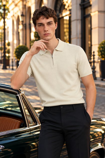 Men's Zippered Knit Polo Shirt, Beige, Cotton, Soft-Textured, Slim Fit, for Casual and Office Wear – Sergiano