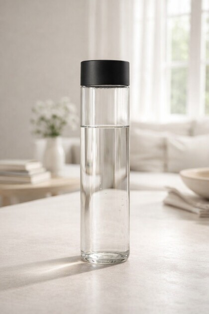Sticlă cilindrică transparentă din sticlă, cu capac negru cu filet, 800 ml, Ø6,5x29,5 cm