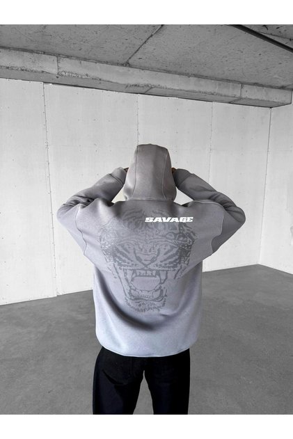 Men's Oversized "Savage" Printed Thick Hooded Sweatshirt, Gray