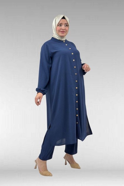 57018 large size elastic sleeves buttoned length airobin trouser set - navy blue