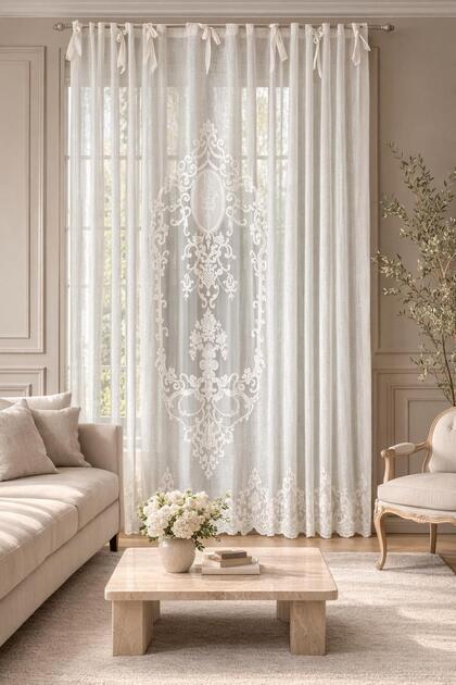 Madaleon Linen Look Embroidered Panel Curtain Ecru (Measurements Width X Length)