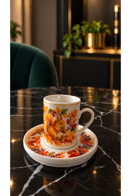 Set of 2 Porcelain Turkish Coffee Cups, Fall Squirrel Pattern, 90 ml