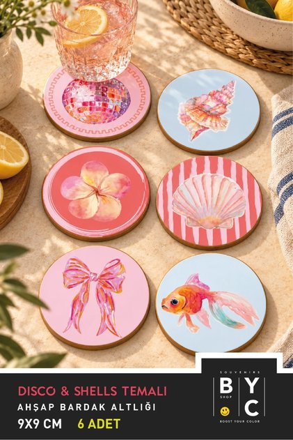 Disco & Shell Set of 6 Coasters. 9 cm, 3 mm MDF, UV Printing, Decorative Coasters