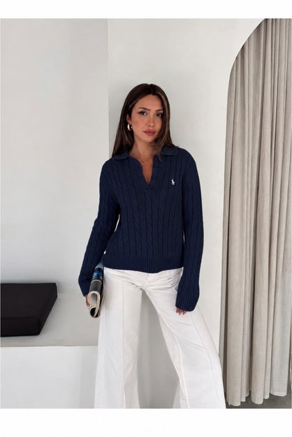 Polo Collar Buttoned Hair Knit Patterned Embroidery Detailed Knitwear Sweater Aw26Kz00082