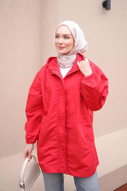 Red Hooded Zipper Trench Coat