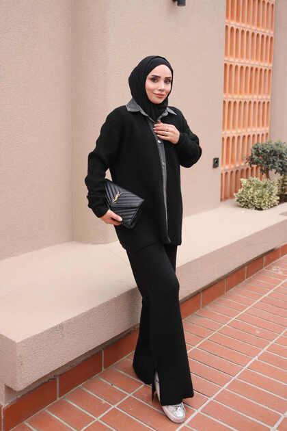 Black Denim Set with Knitted Thessaloniki Knit Buttoned Cardigan and Pants