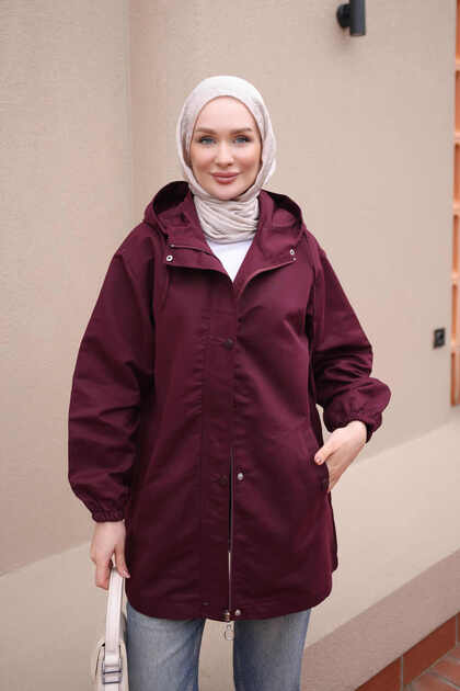 Plum-Colored Hooded Zipper Trench Coat