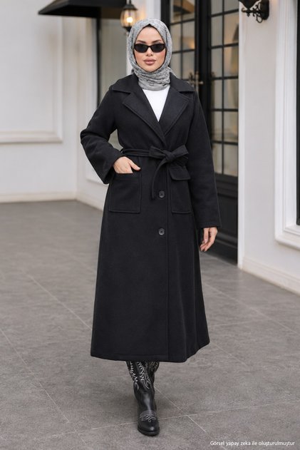 Black Button-Front Coat with Pockets and Belt, HM2981