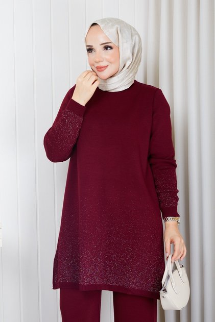 Women's Burgundy Cold-Spun Yarn Skirt with Glittery Ombré Crew Neck and Slit Knit Modest Tunic