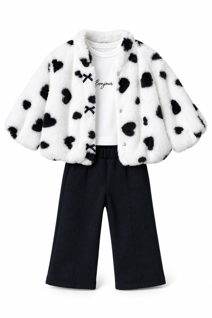 Girls' 3-Piece Set with Patterned, Bow Detail, Plush Jacket, 9–24 Months