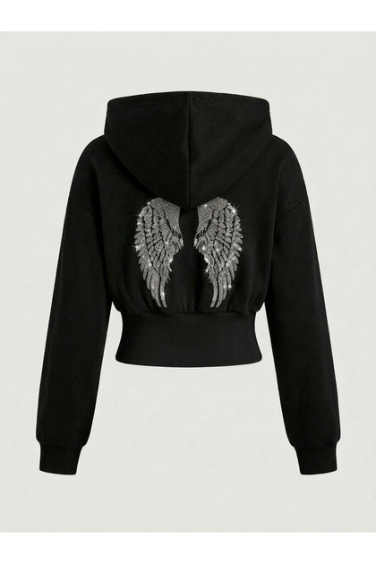 Women's Oversized Short Cropped Hooded Sweatshirt with Crystal Angel Wing Print