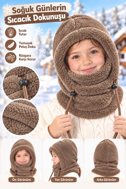 Kids-Wig Children's Hooded Plush Beanie Scarf Fleece Welsoft Neck Warmer Shawl Windproof Hat