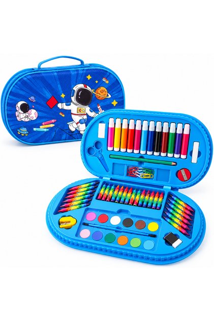 75 Piece Art and Painting Set for Kids, Drawing and Coloring Kit with Sketch Pens, Crayons, Watercolor Paints, Brush, Scissors and Accessories in Blue Carry Case