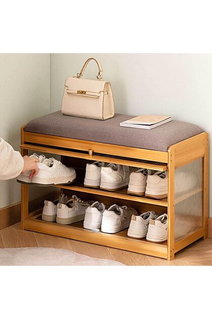 Bamboo Shoe Bench, 3-Tier Shoe Bench Cabinet with Cushion, Dust-Blocking Acrylic Doors, Shoe Organiz