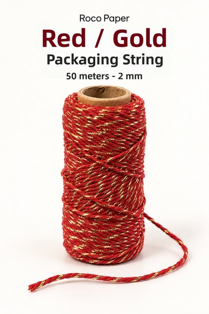 Red Gold-Foiled Packaging String, 50 Meters - 2 mm, for Gift Decorating, Crafts, and Packaging