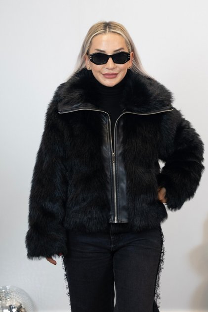 Shiny Feather Leather Detailed Zippered Women's Black Coat