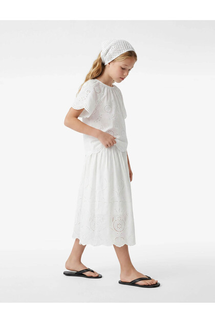 Cotton Crew Neck Embroidered Puff-Sleeve Blouse