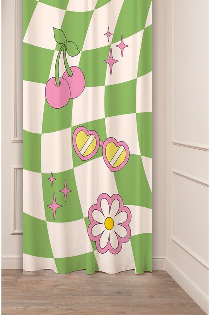 Pink Green Cherry Cherry Love Daisy Hippie Patterned Special Design Digital Printed (Single Wing) Background Curtain