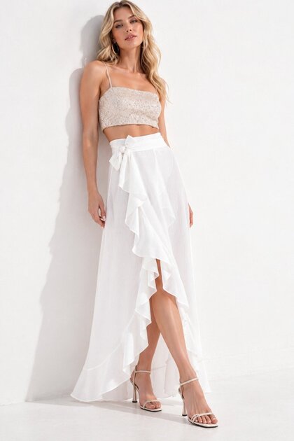 White Women's Maxi-Length Woven Ruffled Beach Skirt