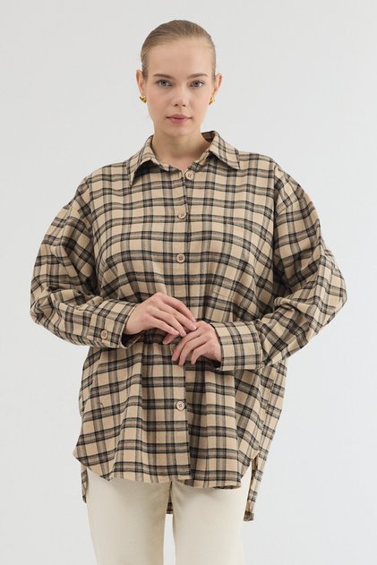 Beige Oversize Cut Long Sleeve Plaid Shirt with Button and Pocket Detail