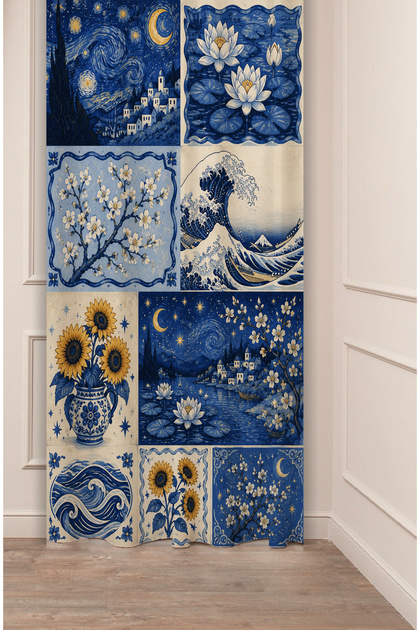 Van Gogh "Starry Night" "Sunflower" Hokusai "The Great Wave" Monet "Water Lilies" Artistic Collage Art Collage Patterned Digital Printed Background Curtain