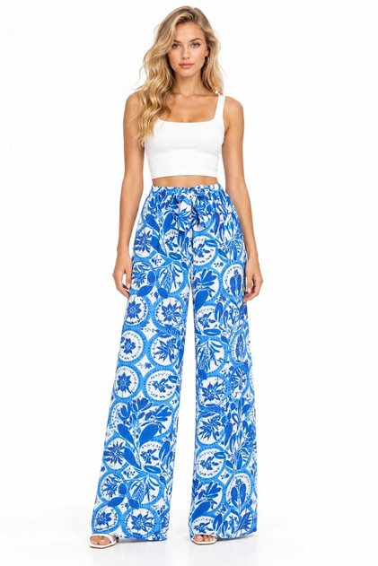 Blue Women's Patterned Elastic Waist Tied Loose Leg Woven Trousers - Viscose