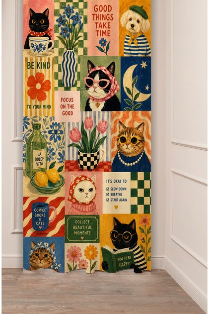 Good Vibes & Cute Animals Positive Living Space Collage Cozy Concept Boutique Vibes Collage Patterned Digital Printed Background Curtain