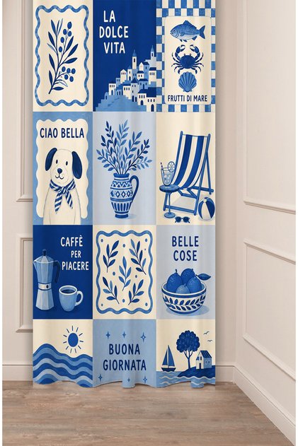 Blue Coast & Italian Vibes Collage Aegean / Mediterranean Aesthetic Panel Blue-White Illustration Collage Patterned Digital Printed Background Curtain