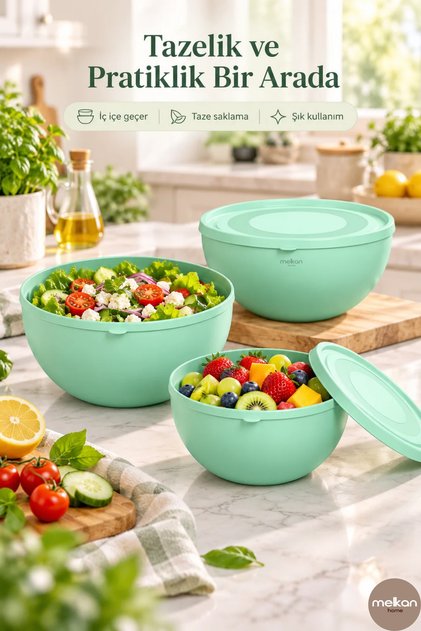 Round Bowl with Lid Set of 3 Pastel Green Color (0.6L 2.5L 4L)