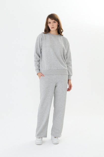 Women's winter fleece-lined crew neck wide leg tracksuit set - grey melange - 101