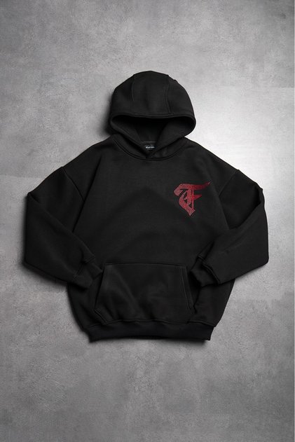Rhinestones Kırmızı Taşlı Web Siyah Erkek Oversize Hoodie