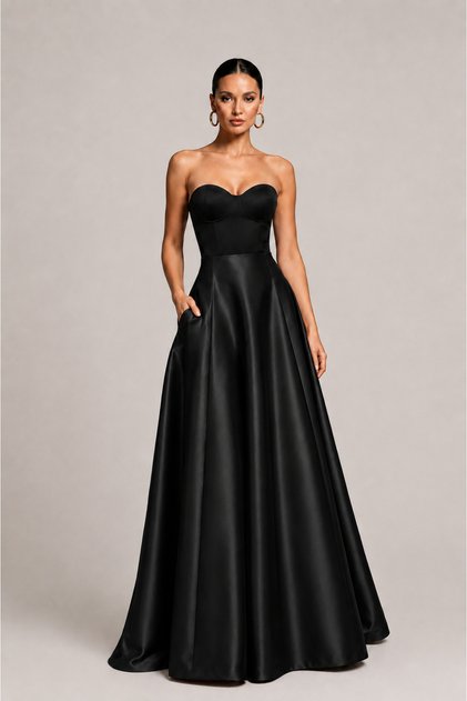 Women's Black Satin Pleated Flared Skirt with Pockets