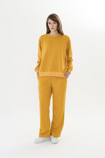 Women's Cotton Crew Neck Wide Leg Tracksuit Set Mustard-101