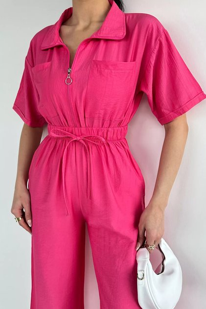 Half Zipper Elastic Waist Short Sleeve Jumpsuit