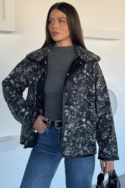 Women's Inner Lined Leather Garnished Snap Fastener Patterned Jacket