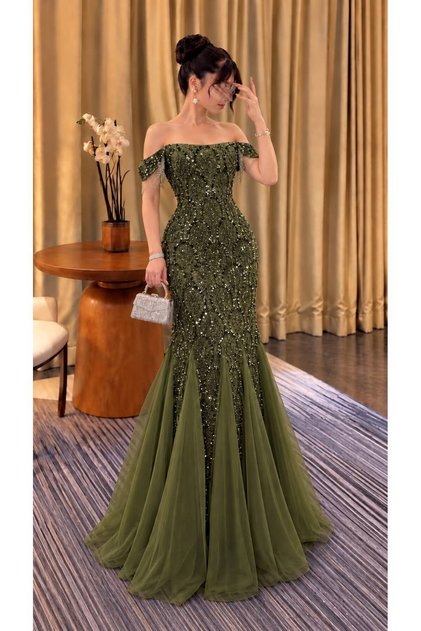 Olive Green Off Shoulder Embroidered Mermaid Gown Evening Dress Women