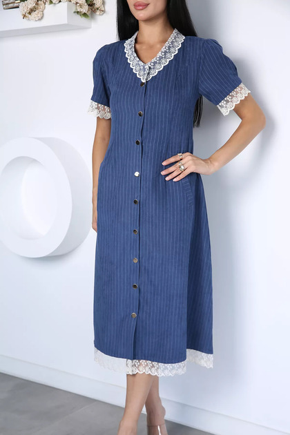 Gülseli Women's Full-Length Dress with Snap Fasteners and Guipure Detail and Pockets