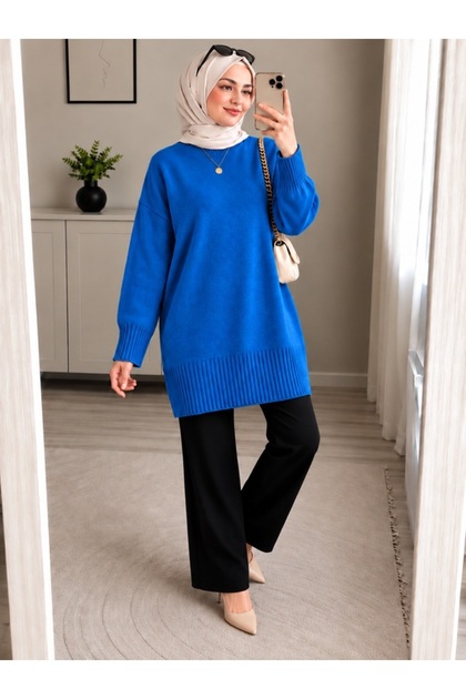 Blue Crew Neck Oversize Women's Knitwear Tunic