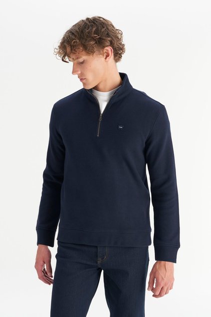 Cotton Regular Fit Stand Collar Zippered Thessaloniki Knit Sweatshirt
