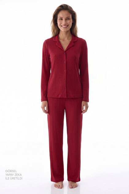 Burgundy Wool Ribbed Long Sleeve Buttoned Shirt Pants Pajama Set