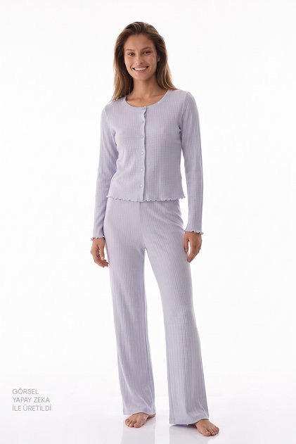 Blue Sky Openwork Patterned Cotton Long Sleeve Trousers Pajama Set