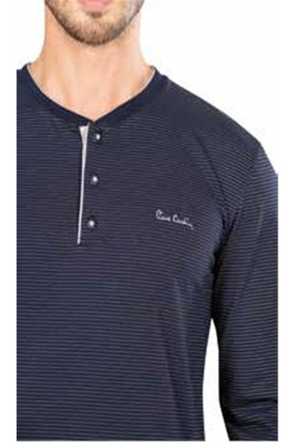 Men's Combed Cotton Striped Pajamas Navy Blue Straight Leg Long Sleeve