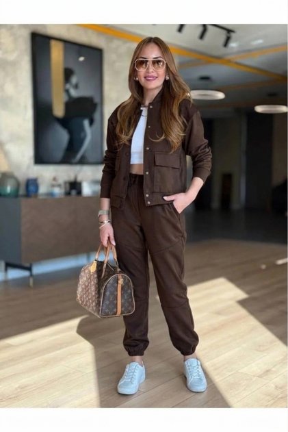 Women's Brown Button-Detail Jacket Pants Top and Bottom Chic Set
