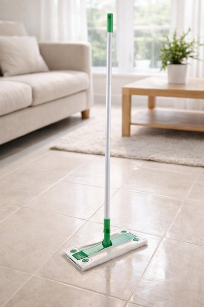 Set mop pentru pardoseli cu coadă telescopică și cap rotativ, 8 șervețele umede și 8 uscate