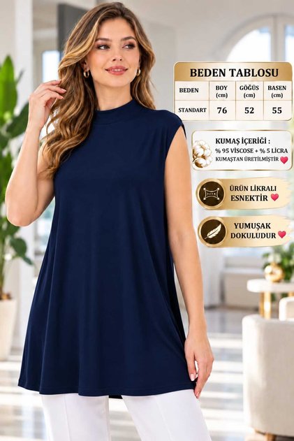 Tunic Blouse Undershirt Tunic, Navy Blue, Sleeveless, Half-Crew Neck, Soft-Textured, 40006