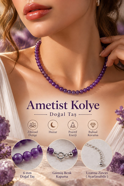 Ametist Doğal Taş Kolye ( Radyasyondan Ve Negatif Enerjiden Korur. ) 6 Mm ( Aa Kalite )