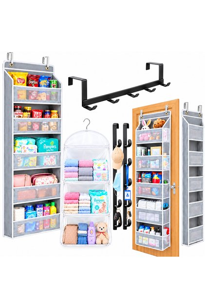 No Drill Over the Door Storage Organiser Set with Hooks & Mesh Storage 5-Piece Set, Space Saving, No Installation Needed, Caps, Inners, etc. Large Capacity, Bedroom,Bathroom,Kitchen,Ready to use