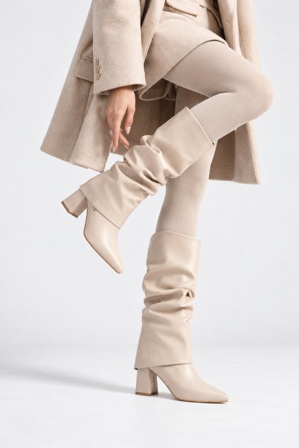 Lena Beige-Skin Drawstring Detachable Pointed Toe Heeled Boots with Zipper Women's Shoes